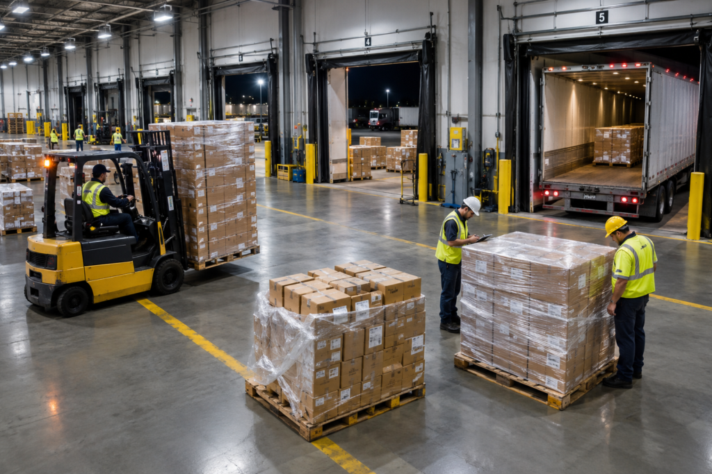 Freight rework and pallet restacking at a 24/7 crossdock facility in Fontana, CA — Inland Empire